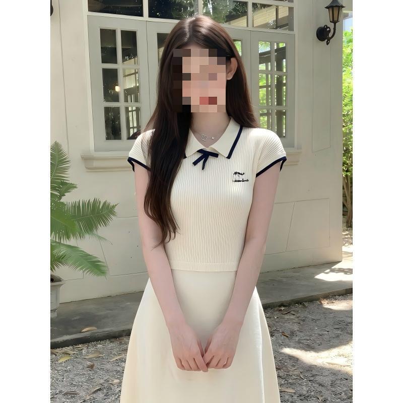 Korean-Style Color-Blocked Doll Collar Embroidered Knit Dress, Summer Slim-Fit, Gentle and Fashionable Short Dress