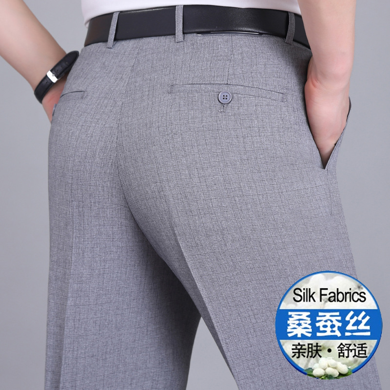 Pantalones finos de seda de morera para hombres de primavera y verano para hombres, pantalones rectos de mediana edad de cintura alta sin planchar para hombres de mediana edad y ancianos image 17