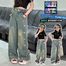 女童外贸牛仔裤春装2025新款儿童春秋大童破洞时髦春季女孩直筒裤