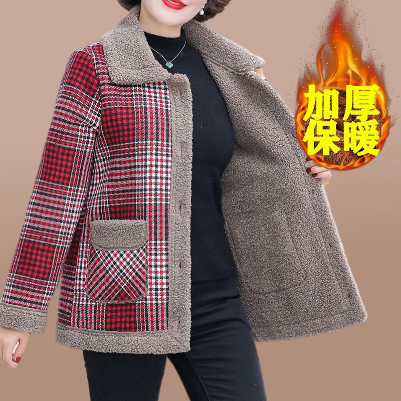 High-End Autumn and Winter Short Teddy Fleece Coat for Middle-Aged and Elderly Women, Thickened Plaid Fleece Warm Top