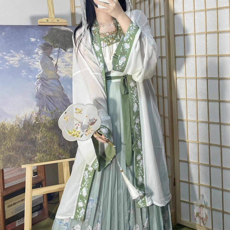 Spring and Summer Hanfu for Women, Song Dynasty Style Printed Long Dry Temple Waist-Length Pleated Skirt, Daily Chinese Style Hanfu, Elegant and Fairy-Like Clothing