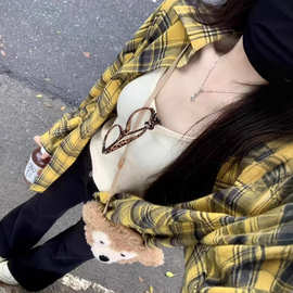 跨境2025新款韩系黄色格子春秋季磨毛长袖衬衫女宽松慵懒百搭衬衣