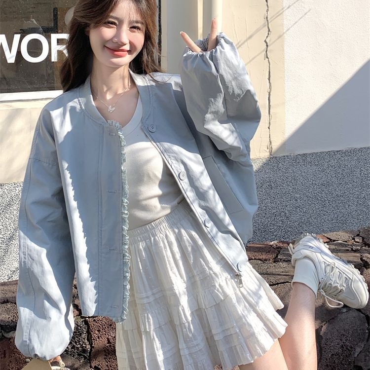 小香风花边蓝色休闲短款外套女春秋2026新款减龄棒球服夹克超好看
