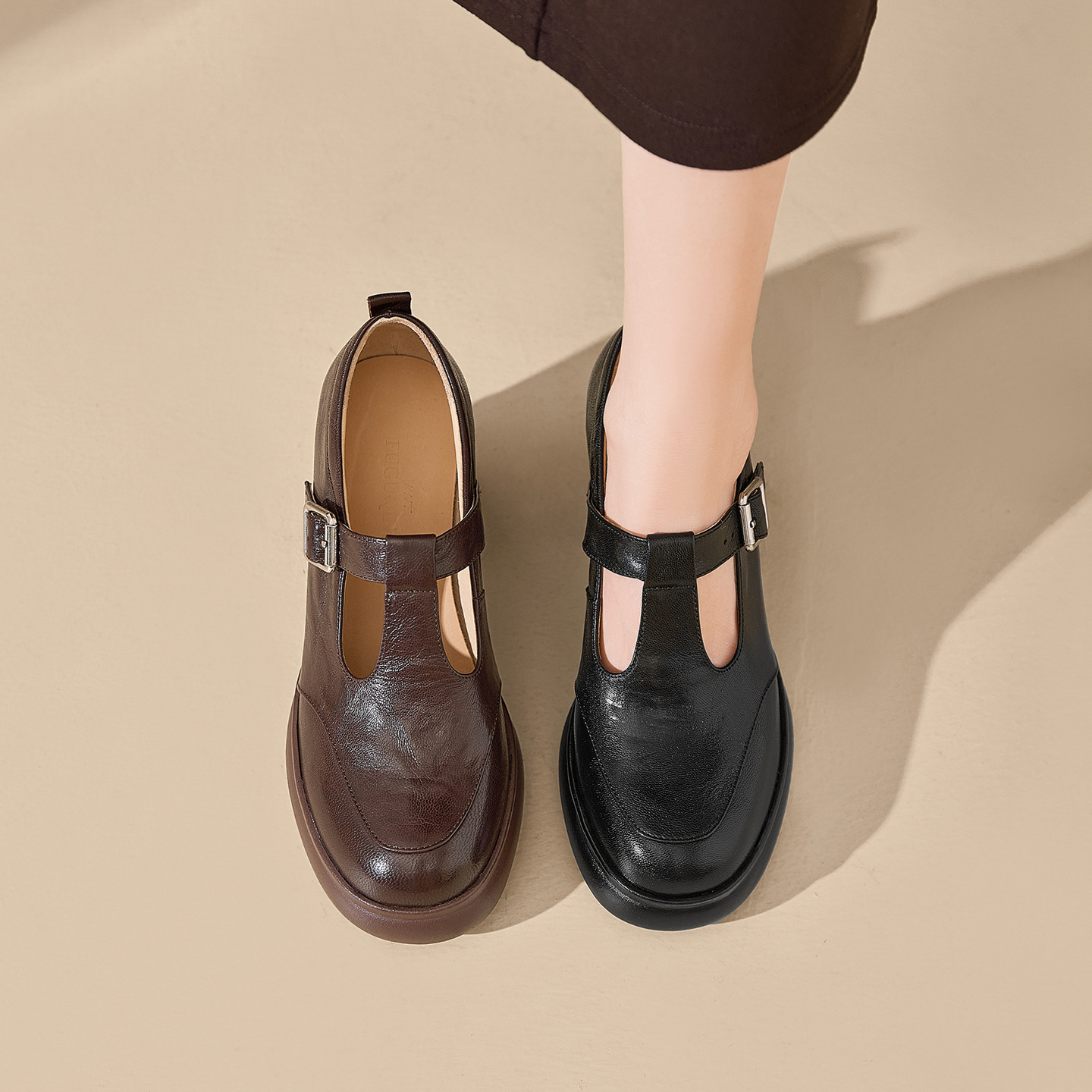 Giày Mary Jane nữ da cừu cao gót 6 cm phong cách vintage — màu nâu