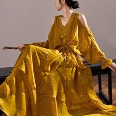 秋季新中式星星复古V领长袖高级宽松衬衫吊带连衣裙套装女 N5062