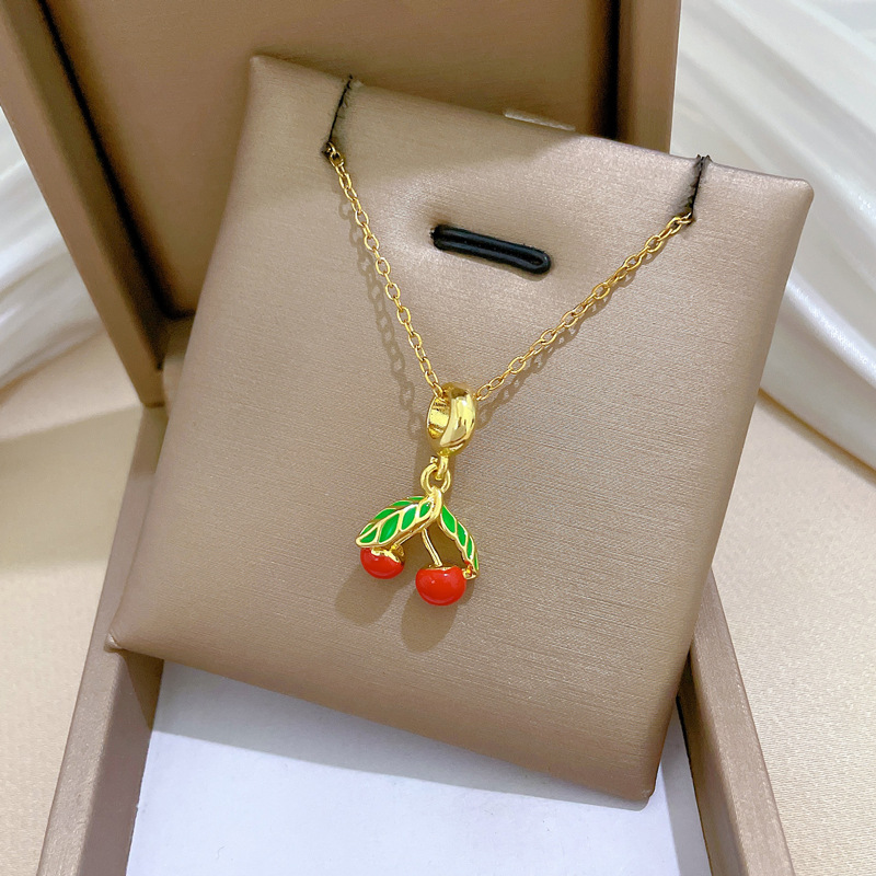 Gorgeous Green Leaf Cherry Pendant Necklace In Titanium Steel_voghion.com