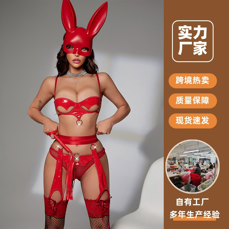 Southeast Asian Sexy Lingerie for Women, Pu Leather, No-Take-Off Temptation Set, Garter Belt Three-Piece Set, Sexy Party Outfit