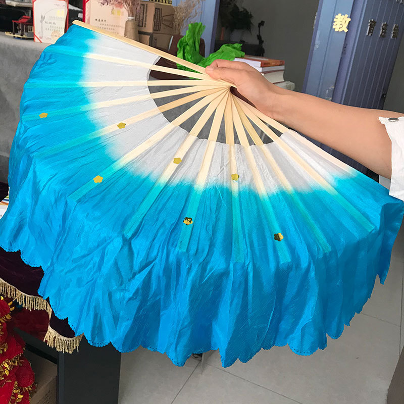 Ventilador de danza luminoso LED tricolor gradiente de seda larga doble cara props de espectáculo de escenario de danza china ventilador luminoso de seda larga