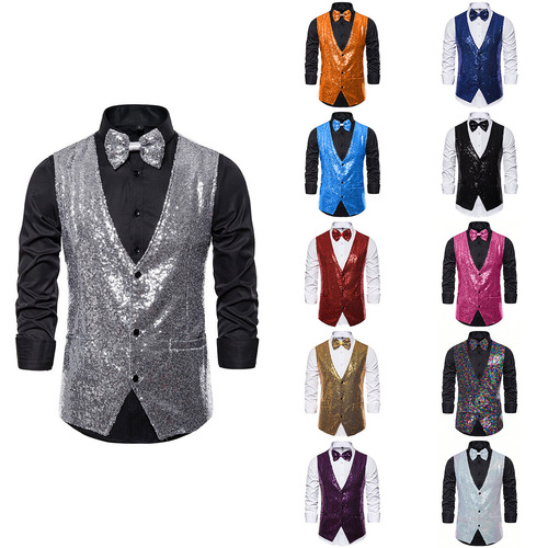 Men's stage performance suit with small sequins, vest, backless vest for photography studio, host, singer, emcee vest