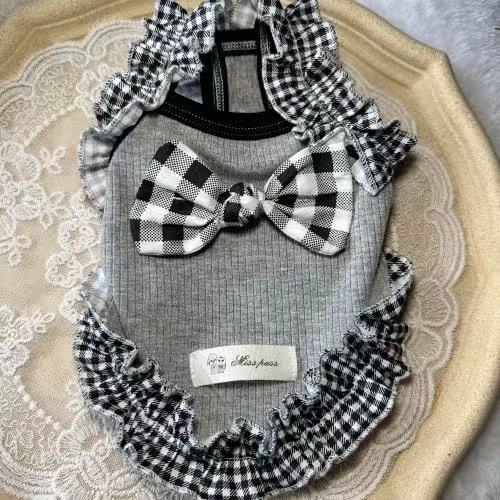 흑백 회색 레이스 활 애완 동물 옷 테디 포메이 개 옷 고양이 쓴 곰 슬링 봄과 여름 옷