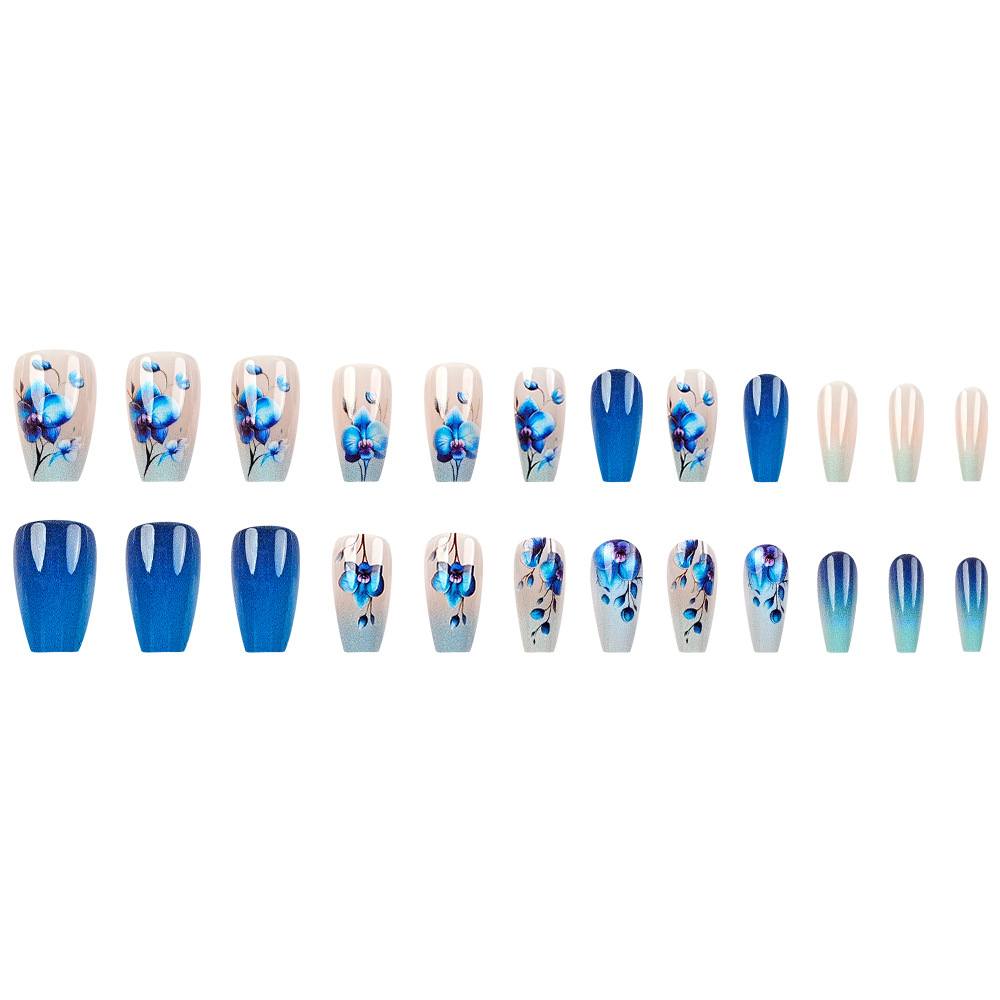 Azul gradiente tipo ballet manicure parche de uñas simples flores falsas parches de uñas transfronterizas ventas calientes cortas para usar uñas