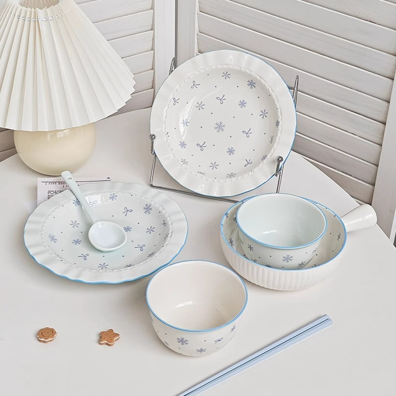 Cute One-person Dining Tableware Super Good-looking Bowl First Snow Two-person Dining Bowl Plate Dishes Combination Rice Bowl Household Plate