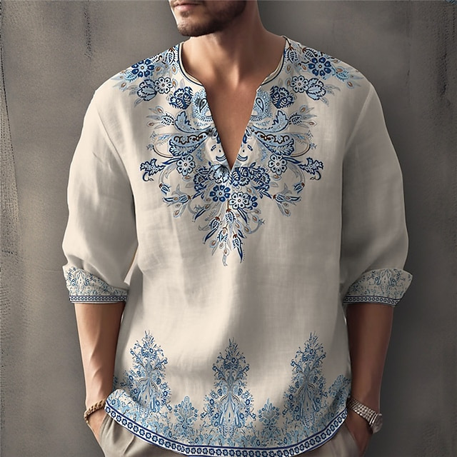 2024 Cross-Border Men's New Amazon Autumn Loose Ethnic Style Printed Casual T-Shirt Large V-Neck Shirt 2024 Cross-Border Men's New Amazon Autumn Loose Ethnic Style Printed Casual T-Shirt Large V-Neck Shirt