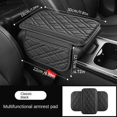 Car Armrest Box Heightening Pad, Universal Multifunctional Storage Pad, Central High-Grade Leather Pad, Car Armrest Pad (Armrest box) - diamond-quilted-double-layer-classic-black