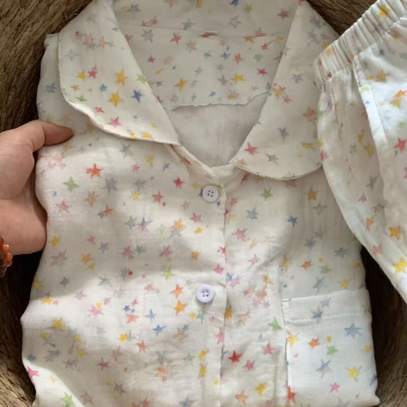 New! Colorful Little Star Cotton Double-Layer Yarn Home Clothes Women's Lapel Long-Sleeved Pants Pajamas Set Can Be Weared Outside New! Colorful Little Star Cotton Double-Layer Yarn Home Clothes Women's Lapel Long-Sleeved Pants Pajamas Set Can Be Weared Outside