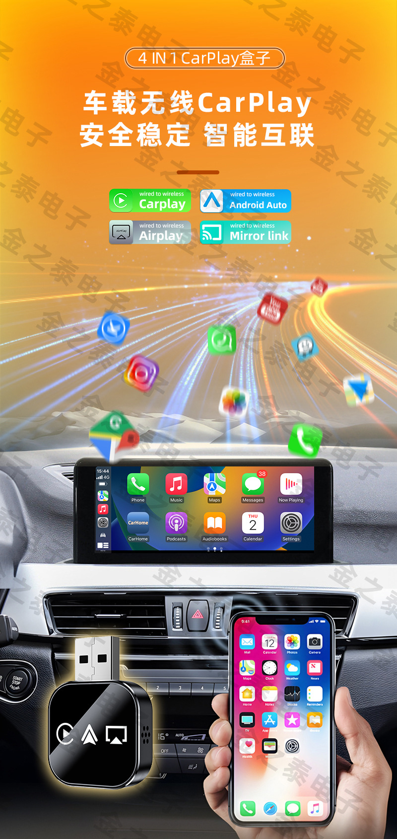 Cross-Border Smart Car-Machine Connectivity Four-In-One Carplay Wireless Box Mirror Screen Projection Reverse Control Carplay Box