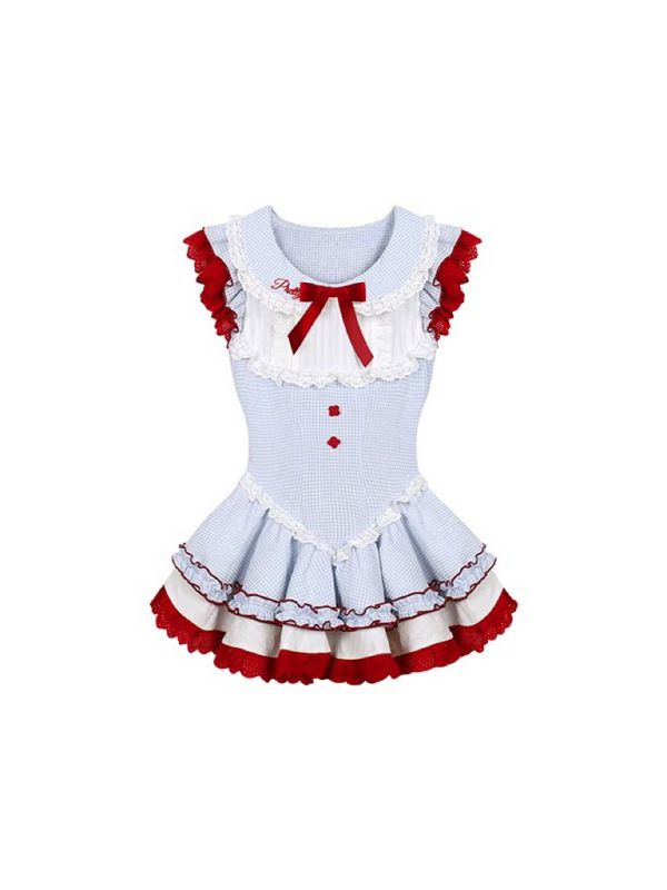 日本の甘いチェリーボールブルーチェック柄ドレス夏かわいいロリータ小さなフライングスリーブふわふわプリンセスドレス|undefined