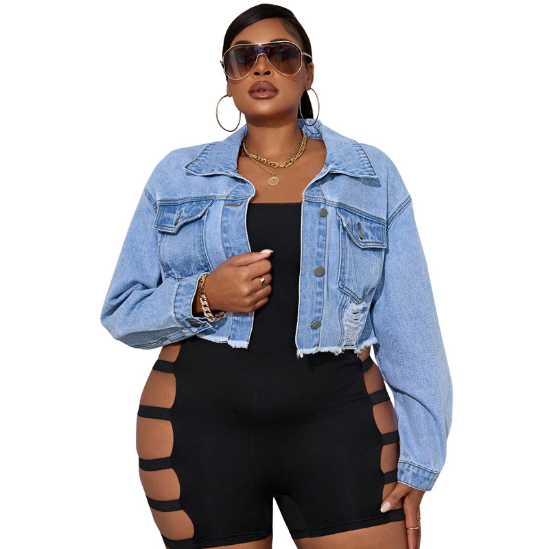 Plus Size Distressed Denim Jacket, Light Wash Rip Long Sleeve Coat For Women, Oversized Chic Shacket For Casual Office Wear_ecoleips.com