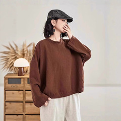 2025秋季新砂洗亚麻上衣女圆领长袖宽松套头T恤纯色简约休闲麻衫