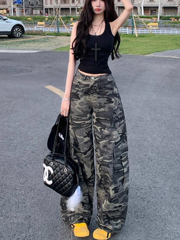 嘻哈风迷彩工装弯刀牛仔裤女春秋季新款高腰宽松显瘦美式休闲裤棉|undefined
