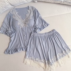 莫代爾帶胸墊睡衣女夏季短袖蕾絲花邊純欲風高級感可外穿家居服套