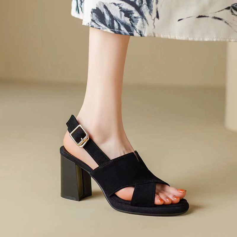 Sandal cao gót da cừu nữ mũi hở gót 7 cm đế dày chống thấm — Màu đen gót 7cm