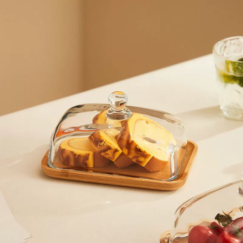 Деревянная квадратная тарелка для торта со стеклянной капюшной закуской