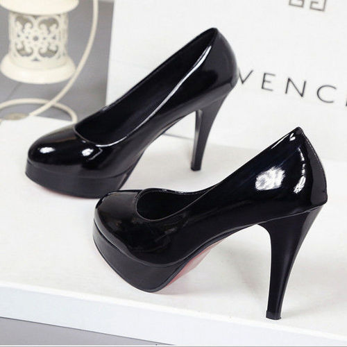 10CM high-heeled shoes waterproof table cosplay all-purpose black leather shoes Korean round head women's patent leather work shoes