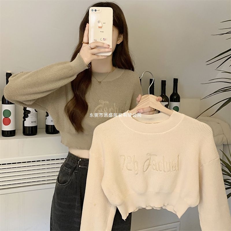 2024 Small Waist Slimming Short Sweater Easiest for Match Design Women's Autumn and Winter Letter Embroidered Loose Knitwear