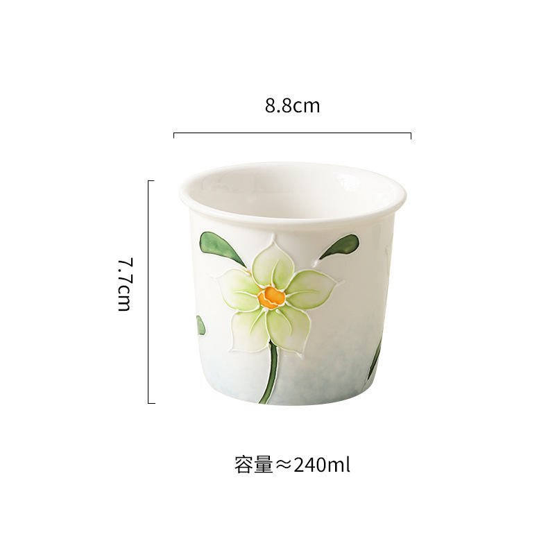 创意ins手绘堆料花朵郁金香花朵带盖陶瓷水杯高颜值手握家用水杯|undefined