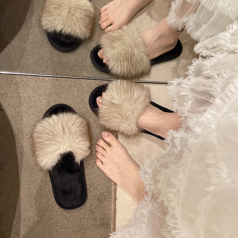 外国貿易の新しいカラフルなミンクの毛皮のスリッパ、大きな毛皮のファッショナブルな綿のスリッパ、女性用の冬の暖かいホームファーシュースリッパ|undefined