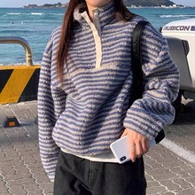 韩国东大门 2025新款韩版秋冬条纹毛绒摇粒绒外套棉衣卫衣女