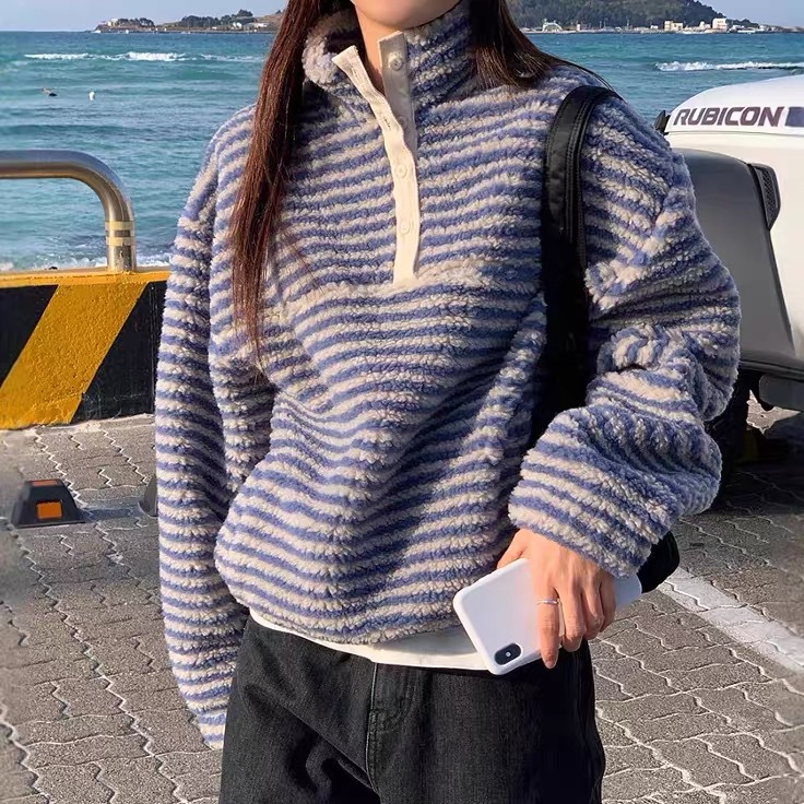 韩国东大门 2025新款韩版秋冬条纹毛绒摇粒绒外套棉衣卫衣女