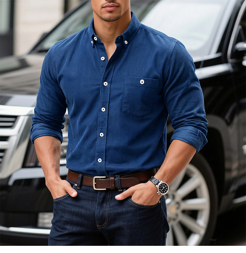 Men's Solid Color Corduroy Long-sleeve Shirt Jacket With Pockets_voghion.com