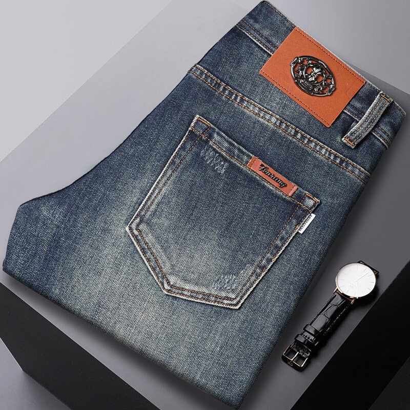 New autumn and winter American retro high-end light luxury European-style men's slim straight stretch casual jeans
