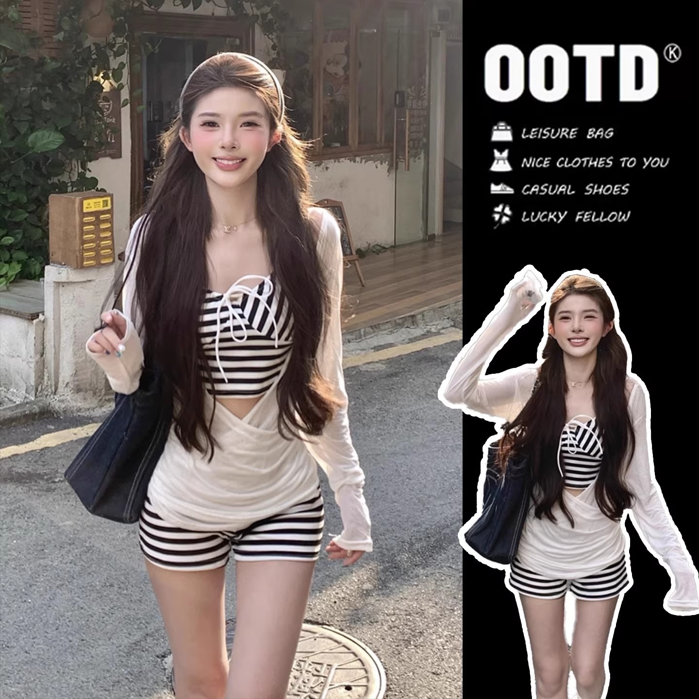 Slimming Tummy-Concealing Swimsuit for Women, Conservative High-End Style, Sun-Protective Striped Three-Piece Set for Vacation and Hot Springs