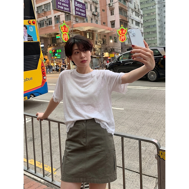 THE MIND 慵懒风蕾丝花边拼接短袖女2026夏韩系宽松百搭T恤T6563X