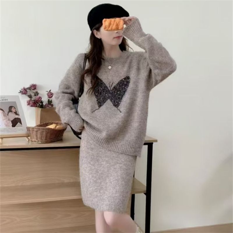 2025秋冬提花新款针织毛衣女装蝴蝶慵懒圆领套头半身裙两件套短裙|undefined