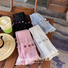 B2041 Diamond Crystal Sunscreen Arm Sleeves, Long Driving and Cycling Lace Pleated Ice Silk Thin Gloves