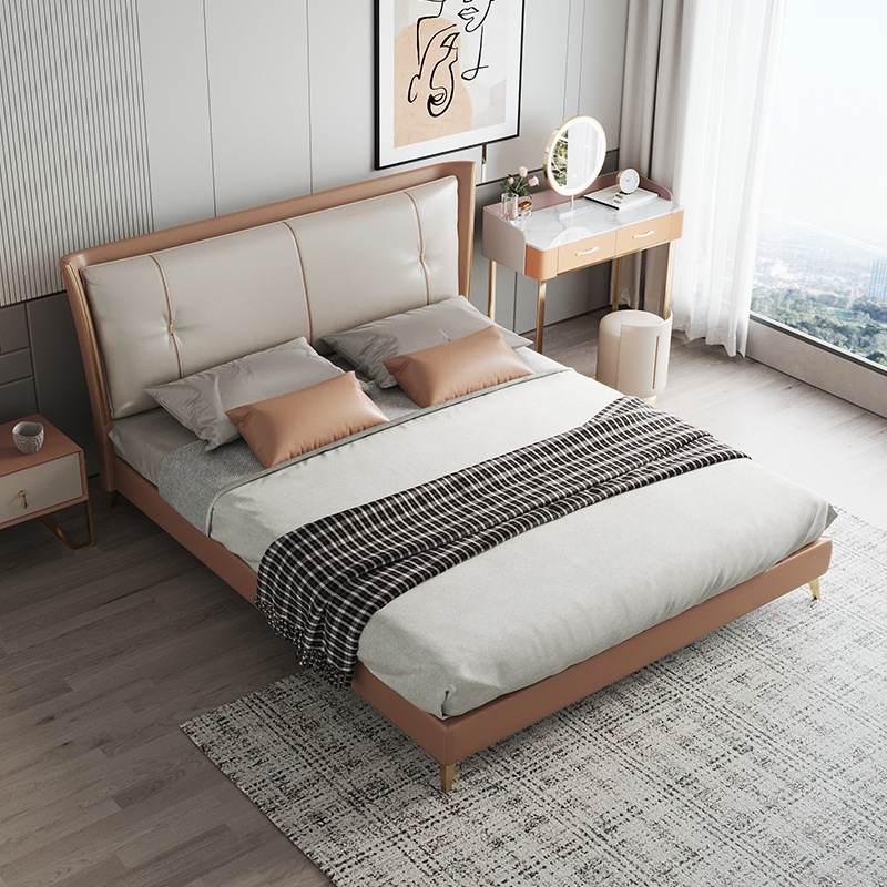 Luz de lujo moderno cama de cuero genuino primera capa de piel de vaca cama doble nórdica simple italiano pequeño apartamento cama de cuero dormitorio principal cama de boda