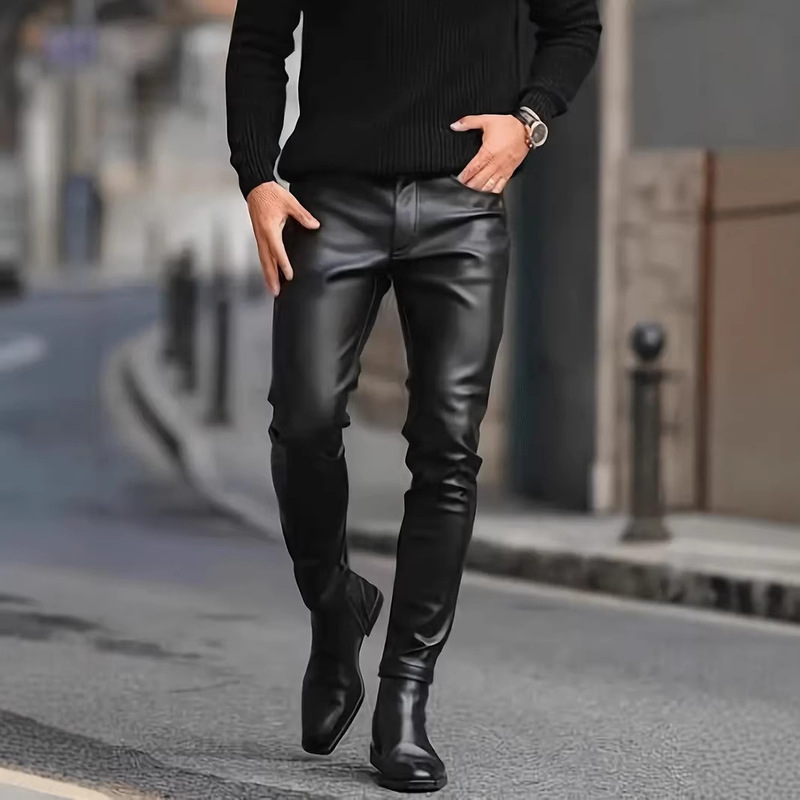 Cross-border Men's Tight PU Leather Pants Outdoor Cycling Windproof Leather Pants Solid Color Mid-waist Straight Leg Pants Cross-border Men's Tight PU Leather Pants Outdoor Cycling Windproof Leather Pants Solid Color Mid-waist Straight Leg Pants