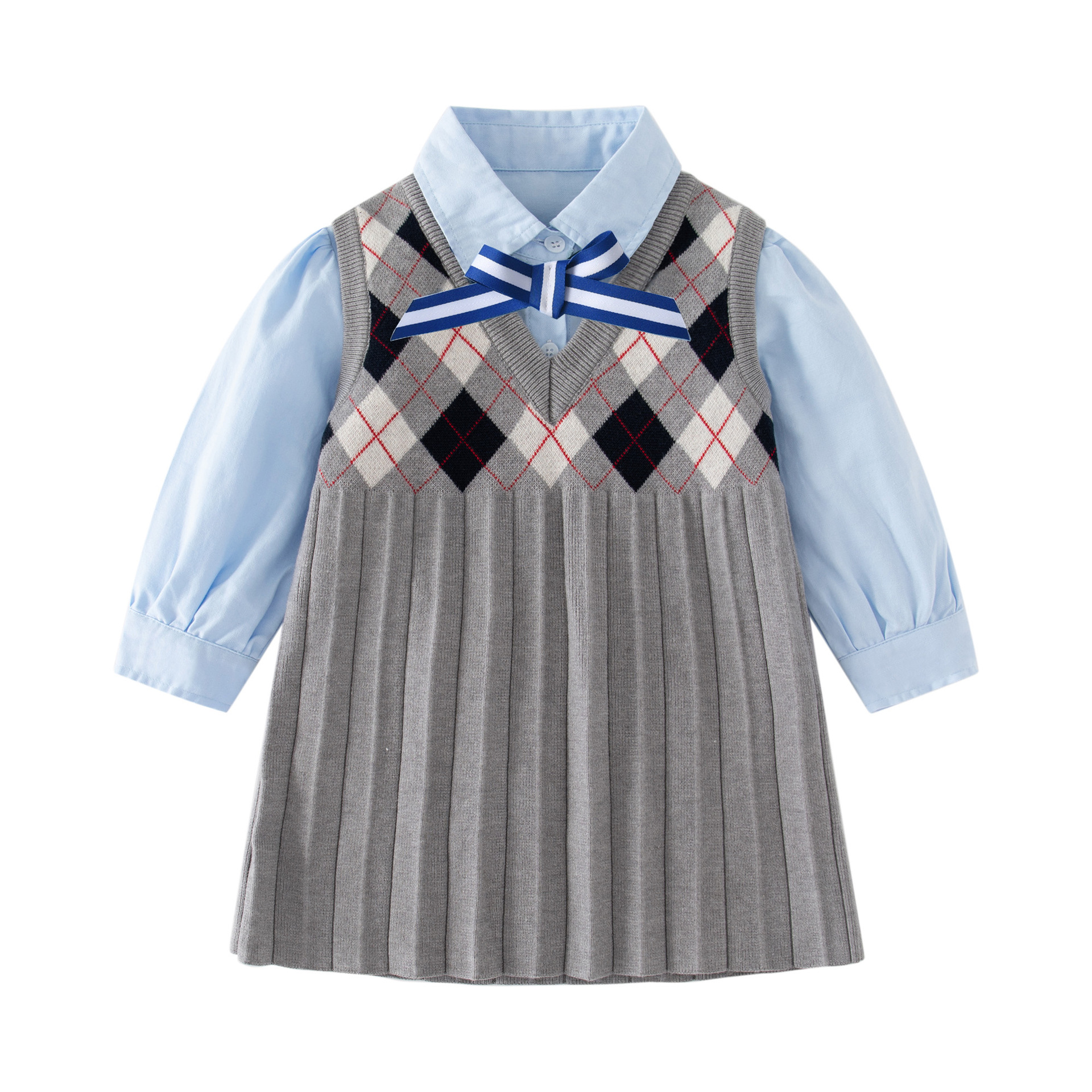 24年秋季新款童装裙 1-3岁女童纯棉衬衫+学院风针织毛衣背心裙套