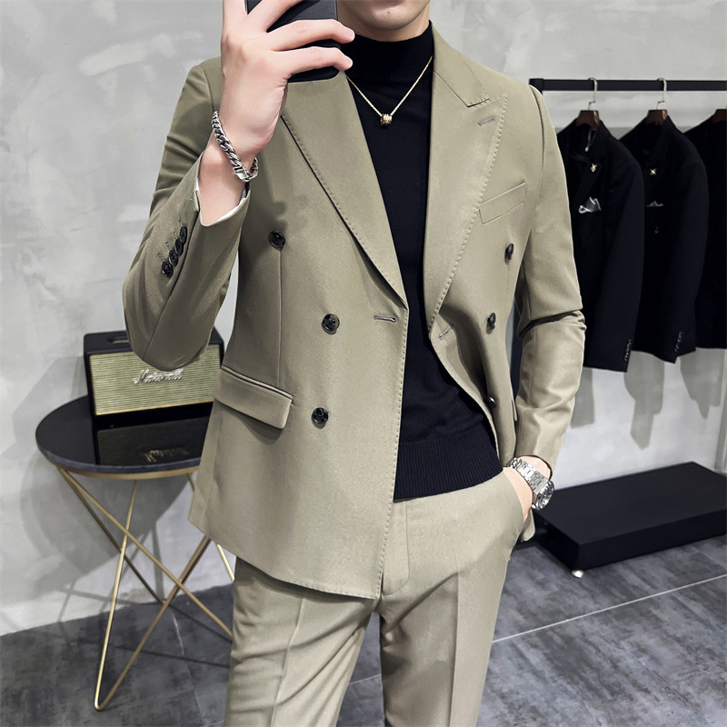 2023春の男性のダブルボタンのスーツの2つのセットの結婚ドレスの正装のカーキ色のビジネススーツのスーツのスーツ|undefined