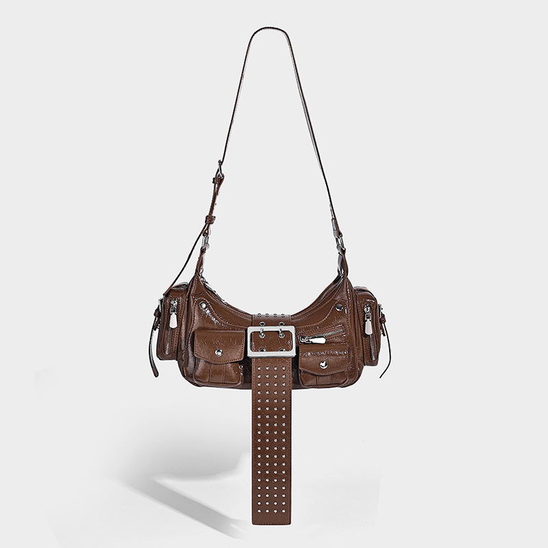 Niche Designer Style Sweet and Spicy Girl Motorcycle Rivet Belt Buckle Shoulder Handbag Underarm Bag New Model for Women