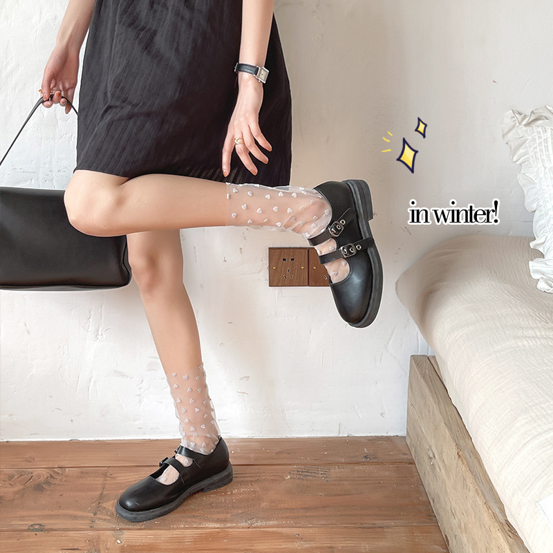 网纱堆堆袜日系甜美小爱心植绒 黑丝透明女薄丝袜 黑白蕾丝女袜|ru