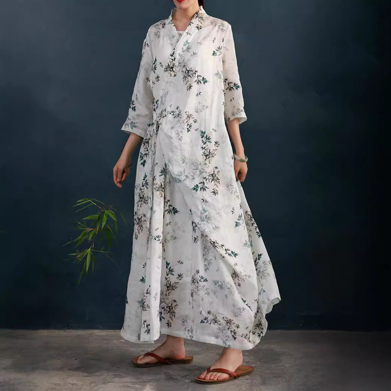 Mountain Free dress Clear and Elegant Lace Dress Irregular Collar Ramie Zen Tea Dress Female 210321