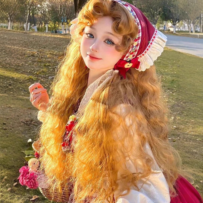 Princess Diary-Wig Female Golden Brown French Fluffy Wool Curl Lolita Wig Gorgeous Retro Full Headgear