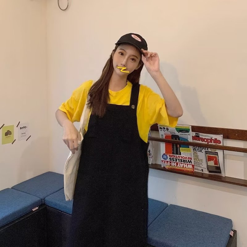 梨型身材韩系穿搭女生夏季新款黑色显瘦背带裙宽松遮胯百搭连衣裙