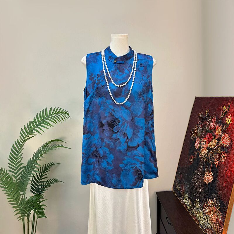 【Zhilie】New Chinese Style Royal Blue Peony Ao Dai Shirt 2026 Summer New National Style Stand Collar Diagonal Placket Top for Women 【Zhilie】New Chinese Style Royal Blue Peony Ao Dai Shirt 2026 Summer New National Style Stand Collar Diagonal Placket Top for Women