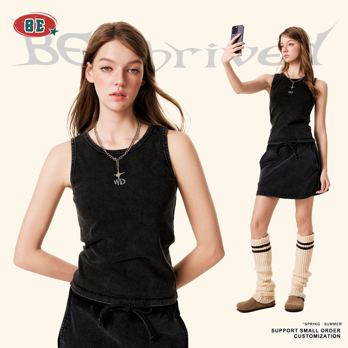 BE ropa de mujer 2025 verano tienda de compradores de moda europea y americana chaleco con logo bordado tridimensional montaña chica caliente top delgado mujer